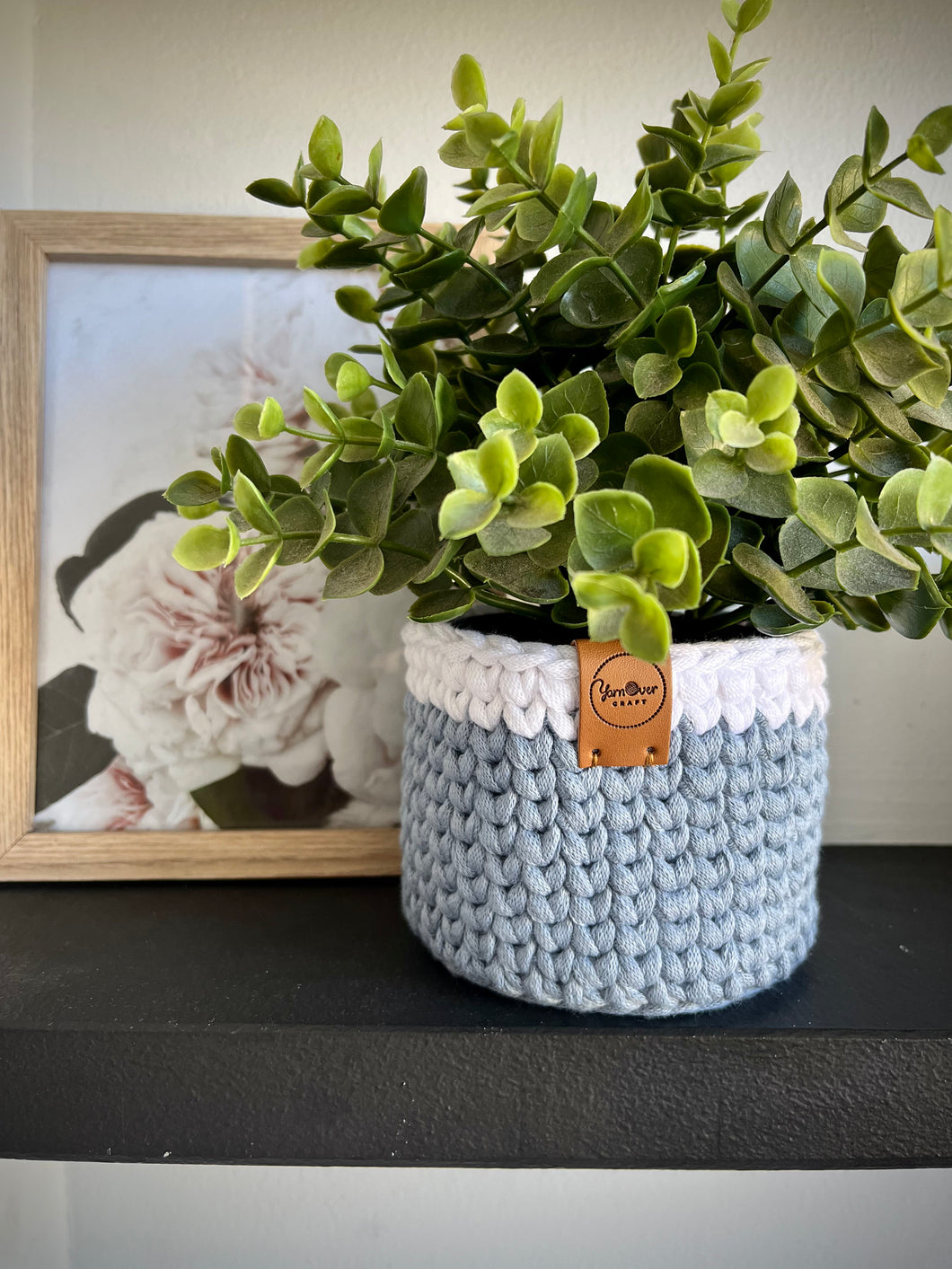 DUSTY BLUE with White Trim | Crochet Planter