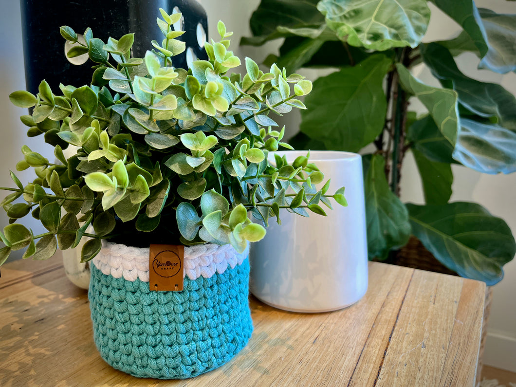 DUSTY TEAL with White Trim | Crochet Planter